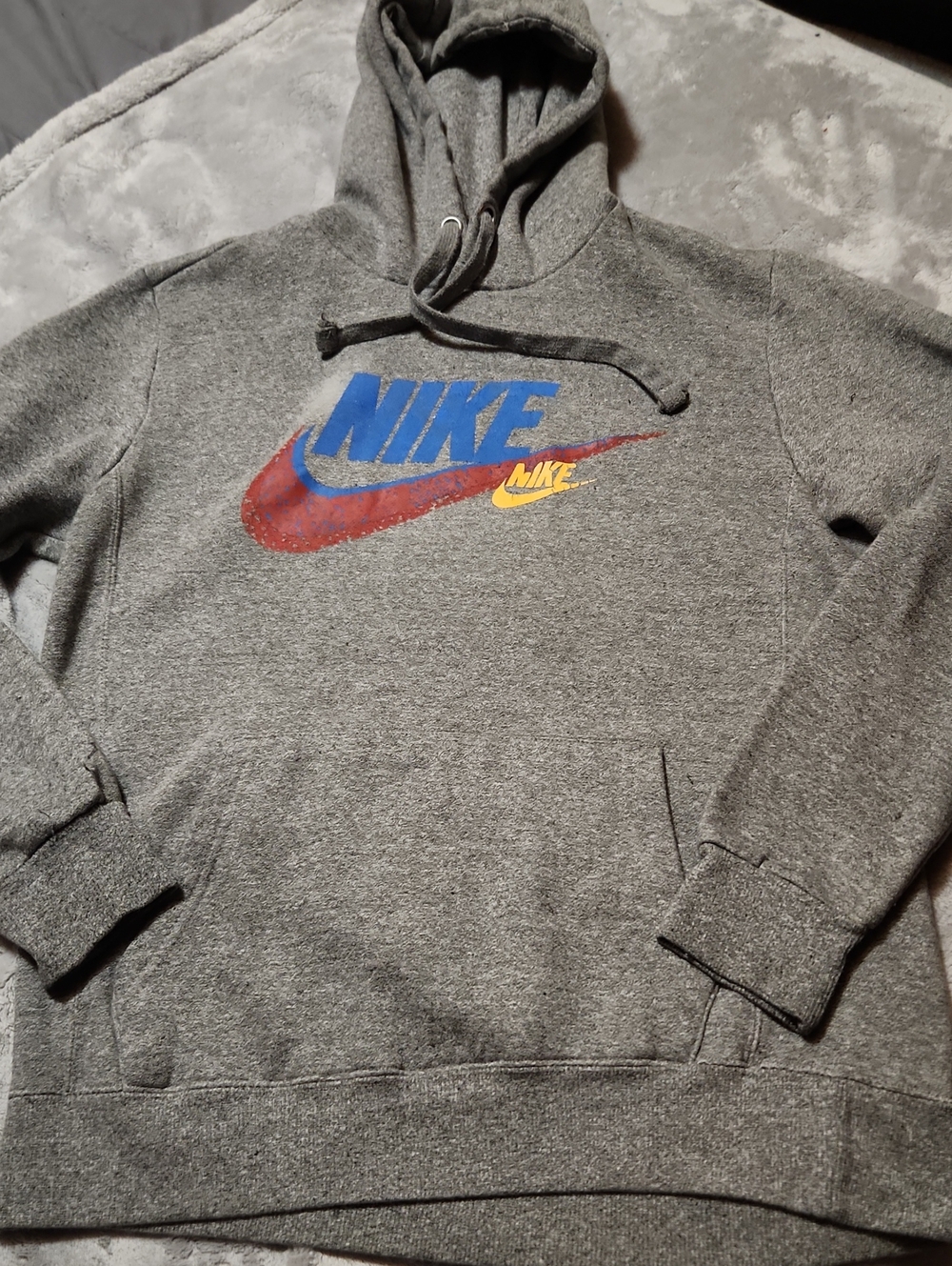 Nike Gray Pullover Hoodie with Blue, Red & Yellow Swoosh
